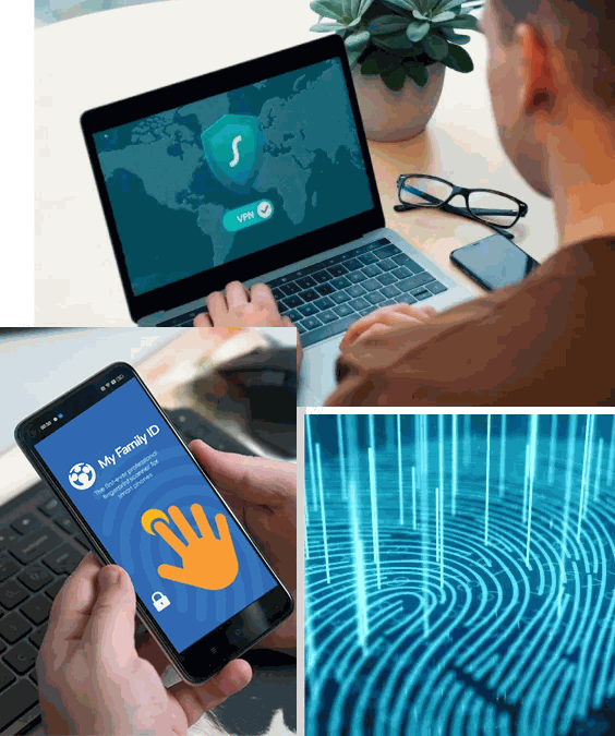 Live Scan fingerprinting technology: laptop with security shield, My Family ID app on a phone, and a digital fingerprint